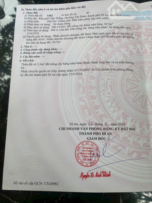 Cần bán lô đất đường ô tô sổ hồng riêng tân bình TP dĩ an bình dương - 2