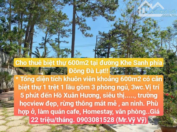 Cho thuê biệt thự 600m2 tại đường Khe Sanh phía Đông Đà Lạt!! * Tổng diện tích khuôn viên - 2