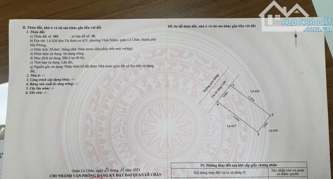 Cần chuyển nhượng lô đất TĐC A51 - LÊ CHÂN VĨNH NIỆM . Diện tích 59.4m ngang 5m