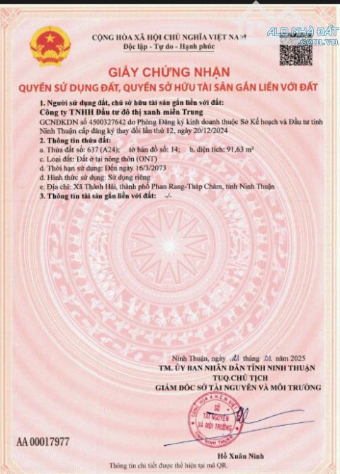 Đất nền xã Thành Hải Phan Rang bán nhanh với giá đầu tư chỉ 1 tỷ