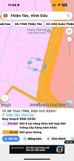 15x21m sổ riêng,thổ cư Thiện Tân,Vĩnh Cửu 2.7 tỷ - 1