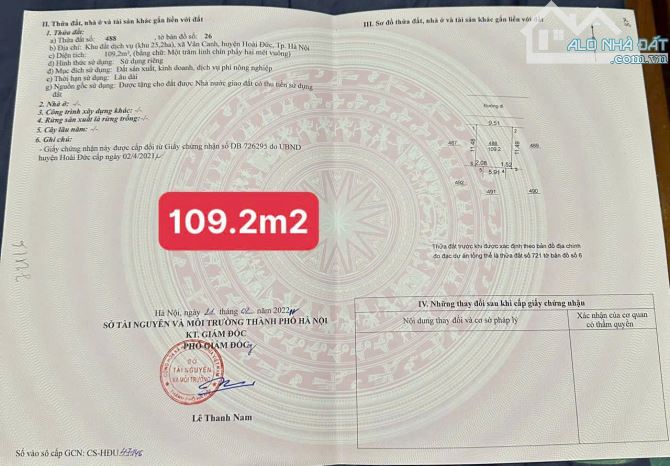 Bá,n Đất Vân Canh - Hoài Đức, 109.2m². Mặt Tiền 9.51m. Đường 11m có vỉa hè gần công viên. - 1
