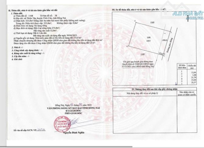 15x21m sổ riêng,thổ cư Thiện Tân,Vĩnh Cửu 2.7 tỷ - 2