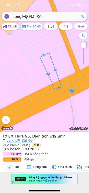 Long Mỹ- Trục chính UBND DT: 612m2- 10x50 nở hậu 14m Sẵn 100m2 thổ cư Mặt tiền đường nhựa - 4