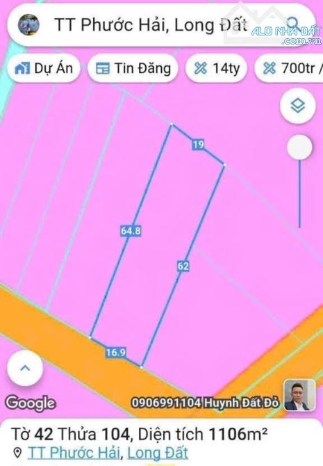 === Đất Xã Phước Hải _ TP.HCM (Long Mỹ cũ , Long Đất, BRVT) Diện tích: 1100m2, Ngang 16.9m - 4