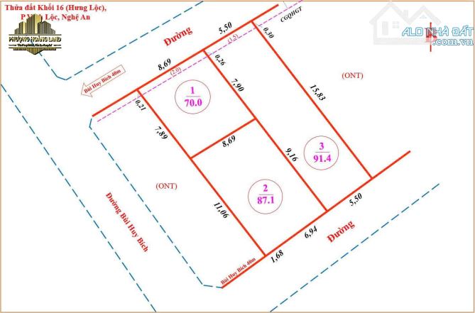 BÁN 3 LÔ ĐẤT ĐẸP – NGÕ BÙI HUY BÍCH, HƯNG LỘC (VINH LỘC) 70-91m2 TÂY BẮC _ ĐÔNG NAM