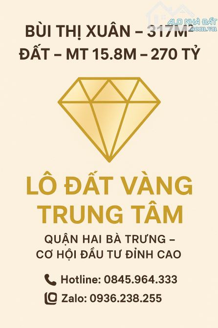 Mặt phố BÙI THỊ XUÂN – 317M² – ĐẤT – MT 15.8M – 270 TỶ