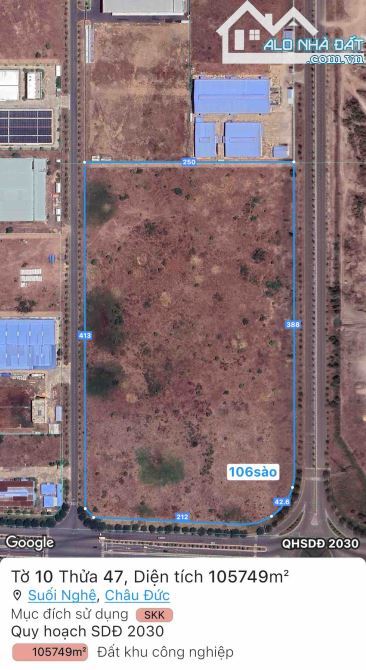 Lô đất 3MT đẹp nhất KCN Châu Đức, Diện tích 10.5ha. Sổ riêng, giá 272 tỷ TL