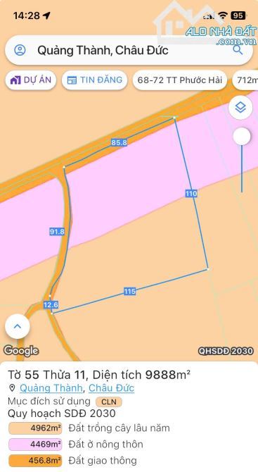 BÁN LÔ ĐẤT TẠI QUẢNG THÀNH, CHÂU ĐỨC, VŨNG TÀU, FULL HỒNG, DT 1 HÉC, GIÁ 6.8 TI