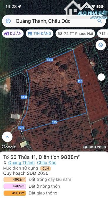 BÁN LÔ ĐẤT TẠI QUẢNG THÀNH, CHÂU ĐỨC, VŨNG TÀU, FULL HỒNG, DT 1 HÉC, GIÁ 6.8 TI - 2