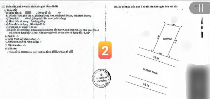 Bán 2 lô đất KDC gần đường Trần Văn Ơn p.Đông Hòa Tp.Dĩ An chỉ 3ty850 TL M7500 - 7