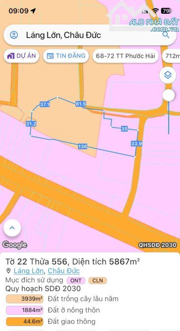 BÁN VƯỜN TRÁI CÂY LÁNG LỚN CHÂU ĐỨC, BRVT, DT 5867M2 CÓ 140TC, KHU DÂN CƯ, NHỰA THÔNG 8M