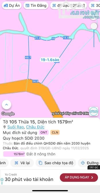 CẦN BÁN LÔ ĐẤT MT NHỰA XÃ SUỐI RAO, CHÂU ĐỨC, BRVT, DT 1600M2 GIÁ 1.7 TỈ CÒN TL