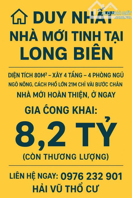 NHÀ MỚI TINH TẠI LONG BIÊN - 80M - 4 TẦNG - 4 NGỦ - 2 THOÁNG TRƯỚC SAU - 8,2 TỶ