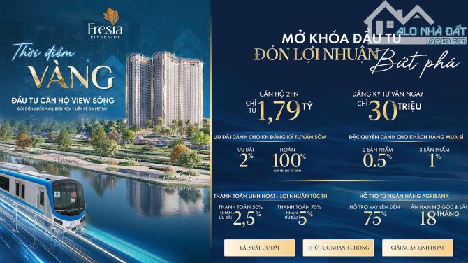 Căn hộ Fresia Riverside giá từ 1.79 tỷ/căn hộ, thanh toán chỉ 2%/đợt, có NH hỗ trợ vay 70%