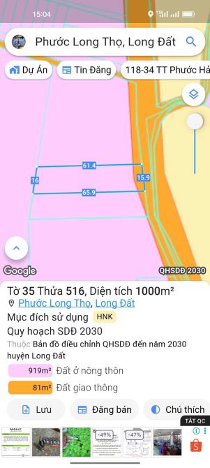 Lô đất vuông đẹp  1000m2, ( 16 x 65) , sẵn 81m2 thổ cư  - Đường Tháp Nước  , cách Quốc Lộ - 2