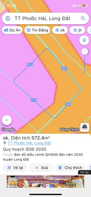 GÓC 2 MẶT TIỀN-Ra biển Phước Hải 5p-dt: 577m2-26mx19m-80 thổ cư -giá 3ty5 - 2