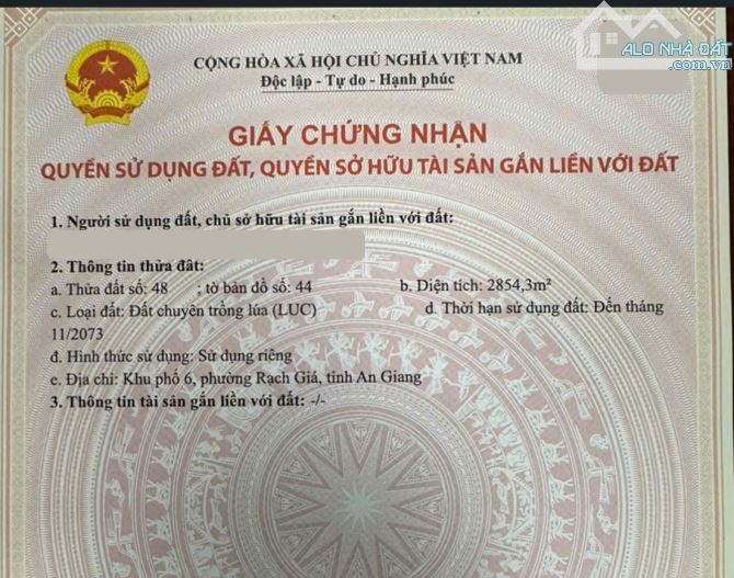 Đất lúa 2.854 m2 đất nhánh đường Văn Lang. P.Rạch Sỏi, TP Rạch Giá
