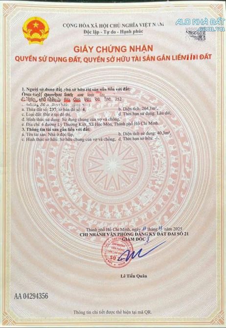 BÁN NHÀ ĐẤT MẶT TIỀN LÝ THƯỜNG KIỆT– HÓC MÔN - 9X30M - 3