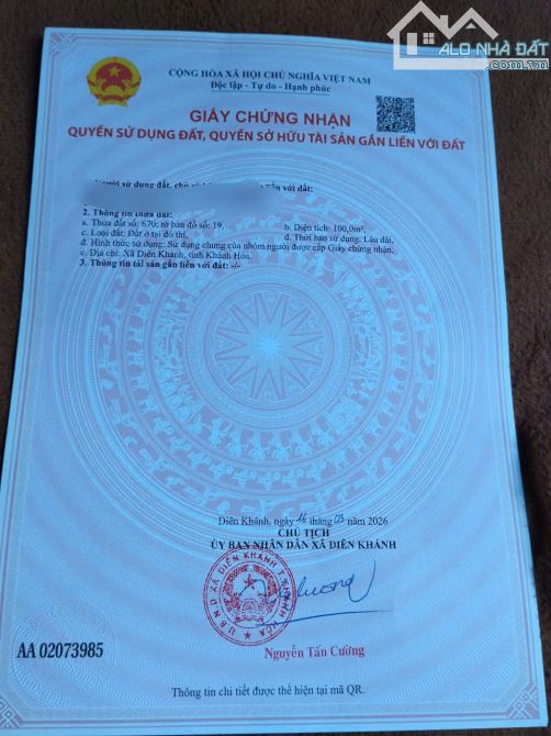 Đất TĐC Nam Sông Cái, Diên Khánh. Dt: 100m2 , ngang 5m, đường rộng 13m. Sổ hồng - 2