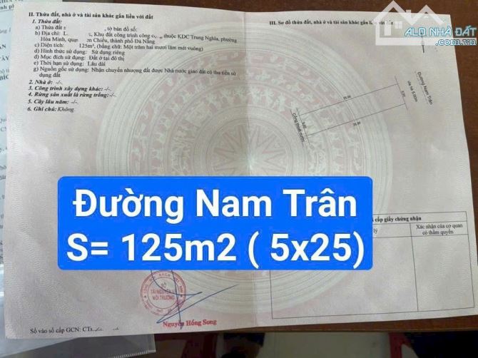 Đất mặt tiền đường 33m Nam Trân. Đối diện bến xe, thông ra biển Nguyễn Tất Thành  S= 125m2