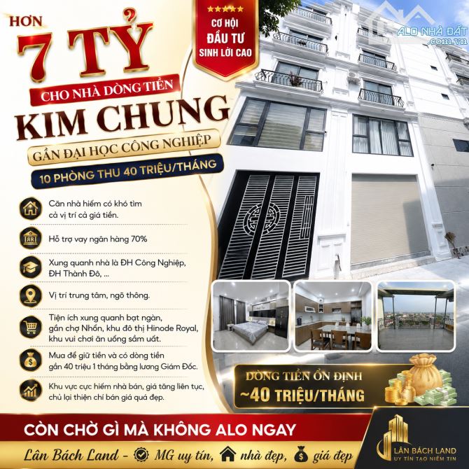 Hơn 7 tỷ cho nhà dòng tiền Kim Chung gần đại học công nghiệp 10 phòng thu 40 triệu 1 tháng