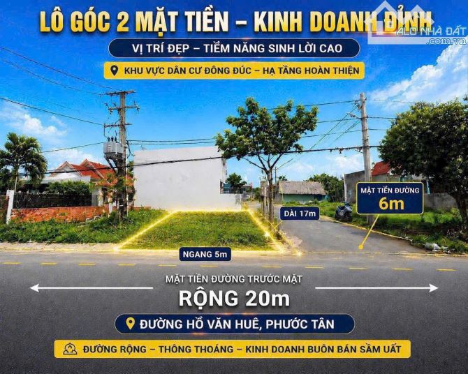Lô Góc 2 Mặt Tiền Đường Hồ Văn Huê, cách quốc lộ 51 chỉ 200m