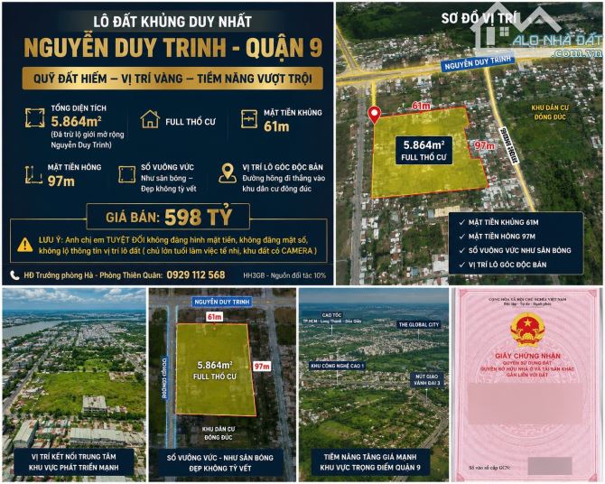 Bán Gấp Đất Lô Góc MT Nguyễn Duy Trinh- Long Trường Q9- 5864m2 Ful TC -Chỉ 598 Tỷ
