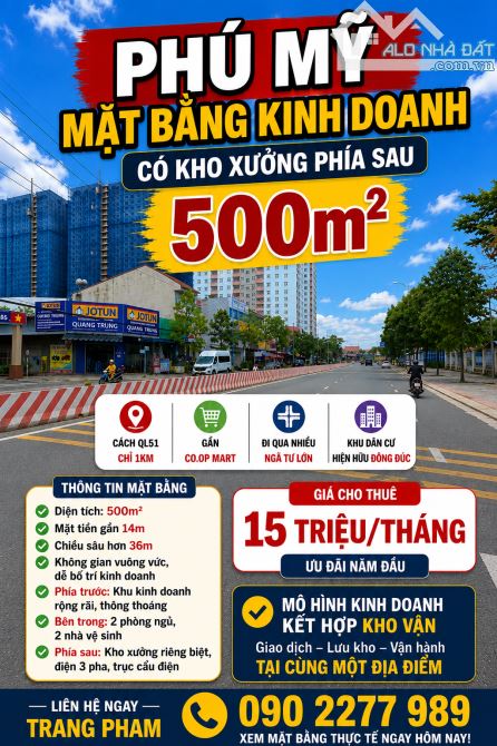 CHO THUÊ MẶT BẰNG KINH DOANH KẾT HỢP KHO XƯỞNG 500M² TẠI PHÚ MỸ - GIÁ 15 TRIỆU/THÁNG