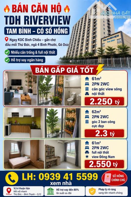 Bán Căn hộ chung cư TDH Riverview Bình Chiểu Chợ đầu mối Thủ Đức 61m2 2PN 2wc có sổ