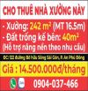 Cho thuê Nhà xưởng, mặt tiền rộng 16.5m, đường sông sài gòn rộng 12m, giá 14,5 triệu/tháng